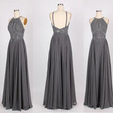 Grey Chiffon Halter Beaded Long Prom Dresses Formal Dress for Girls